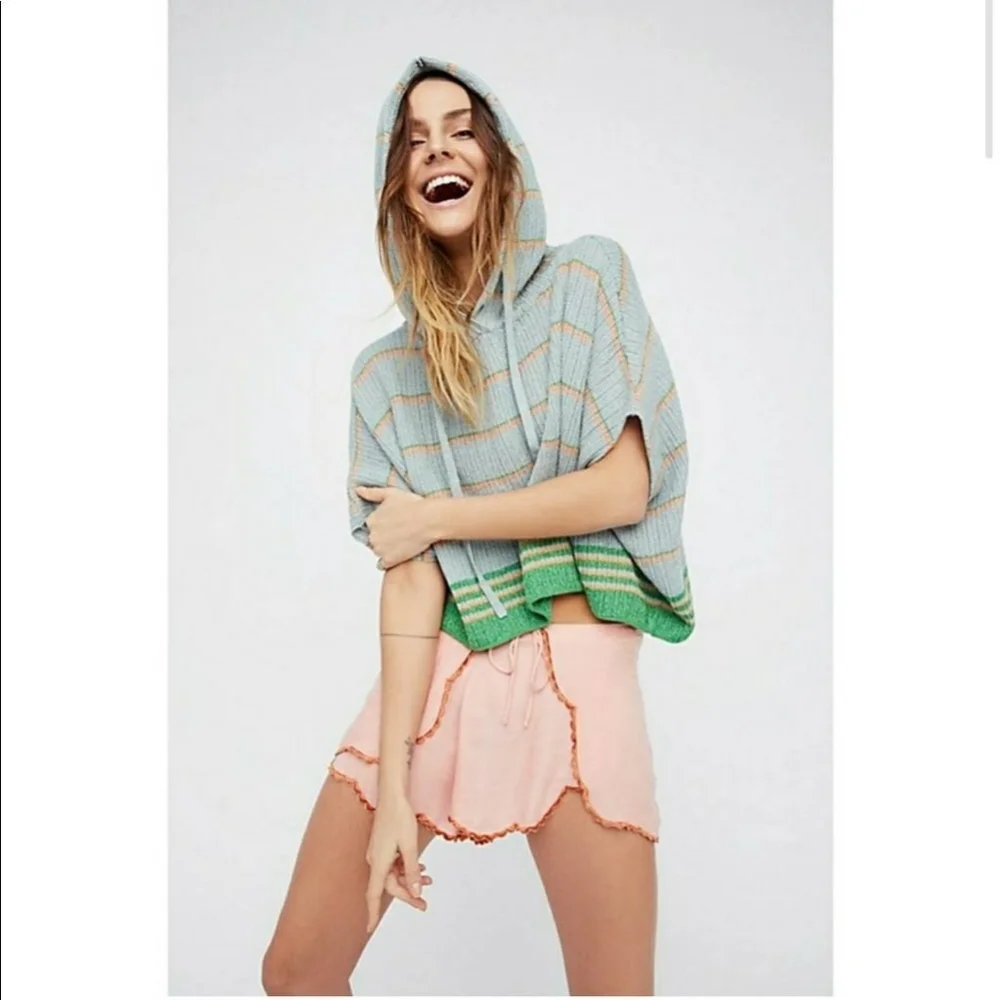 Free People Shimmer Sheen Hoodie Poncho Top Blue Green Metallic XS